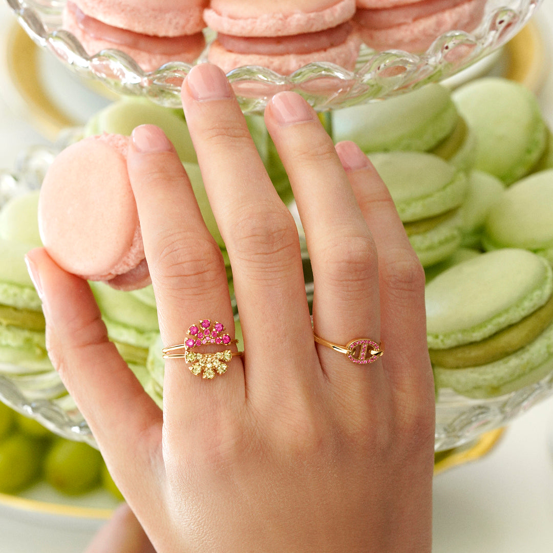 ANILLO ORO AMARILLO 18K ESLABÓN TOPACIOS ROSAS