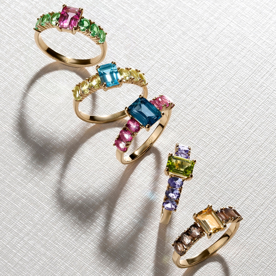 ANILLO ORO AMARILLO 18K CITRINO OCTOGONAL Y CUARZOS FUMÉS OVALES