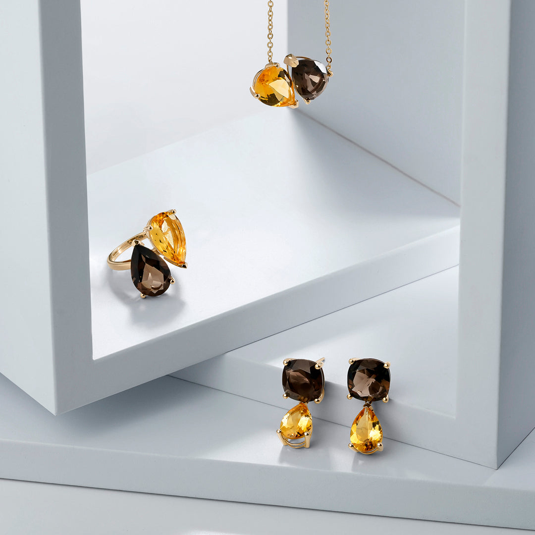PENDIENTES ORO AMARILLO 18K CUARZO FUMÉ CUSHION Y CITRINO PERA