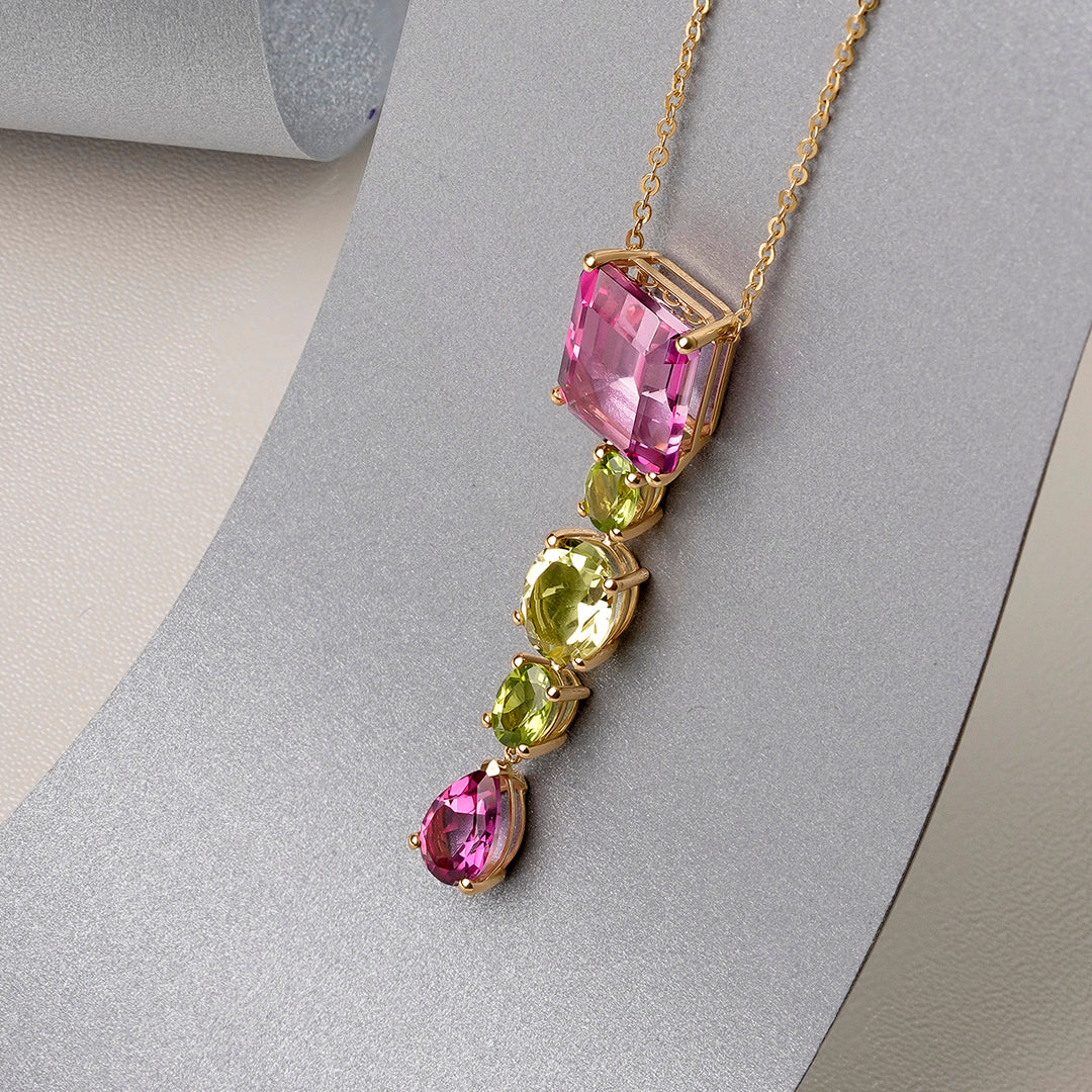 COLLAR ORO AMARILLO 18K TOPACIO ROSA, PERIDOTO, CUARZO LIMÓN Y TOPACIO ROSA