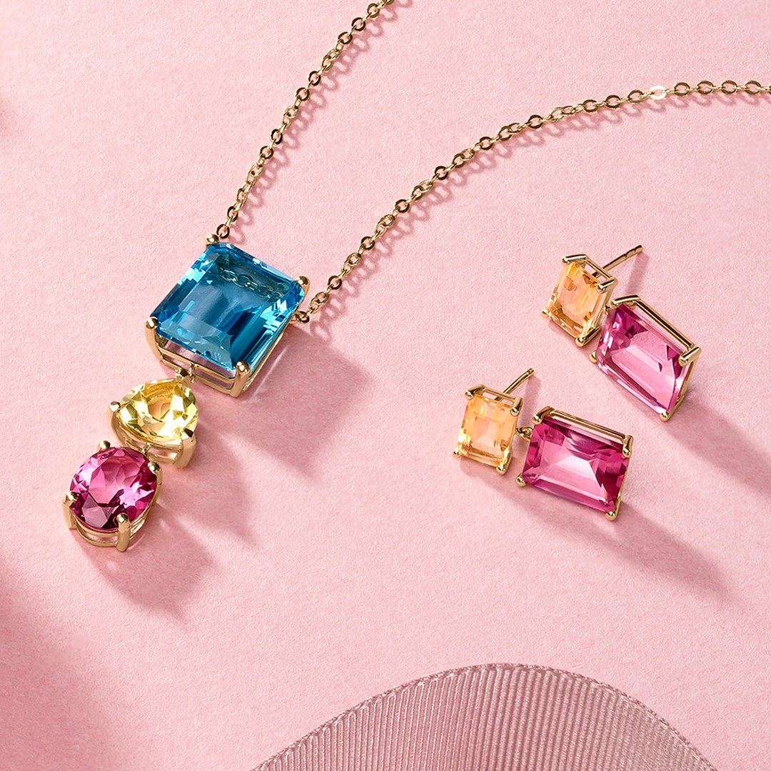 PENDIENTES ORO AMARILLO 18K CUARZO LIMÓN Y TOPACIO ROSA