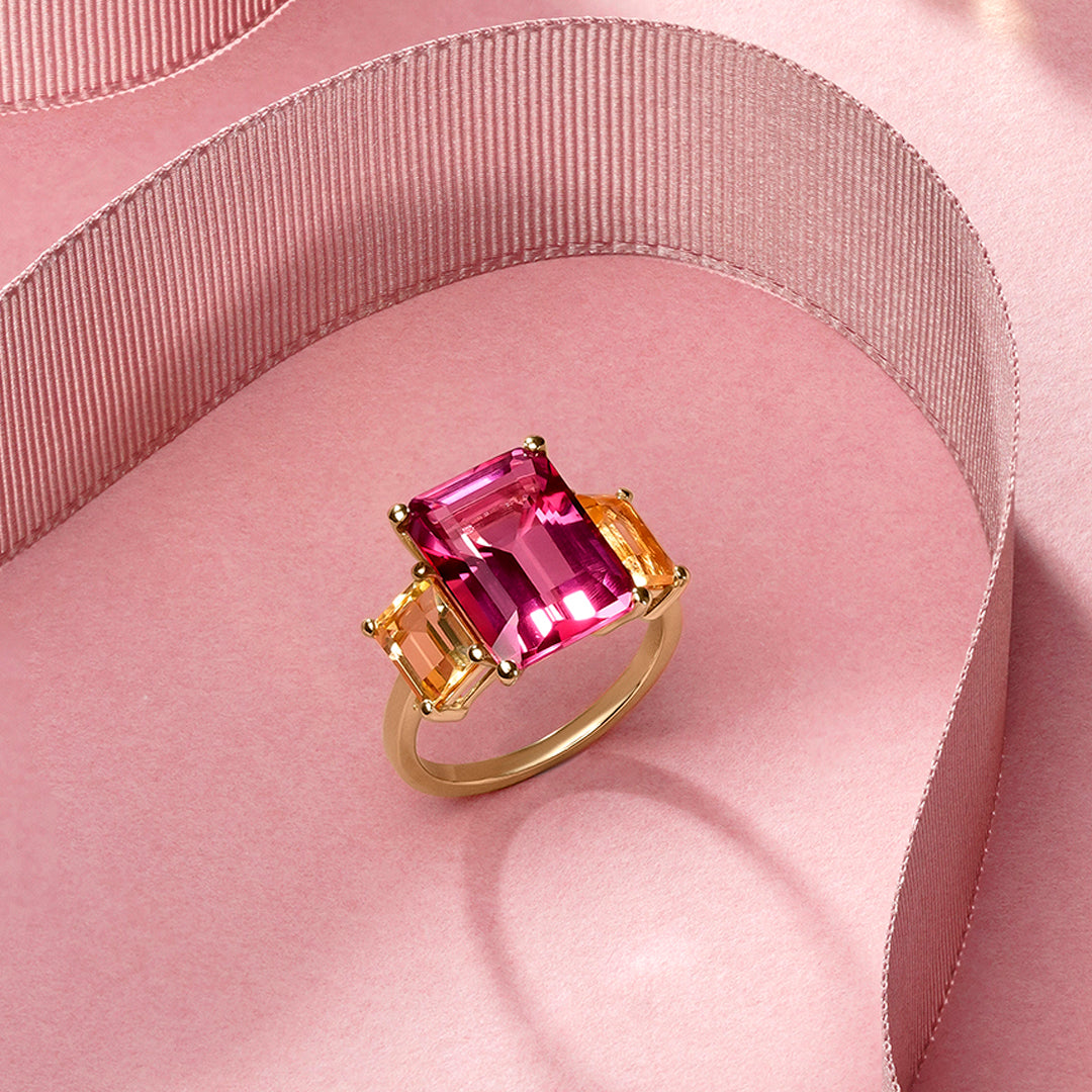 ANILLO ORO AMARILLO 18K TOPACIO ROSA Y CUARZO LIMÓN OCTOGONALES