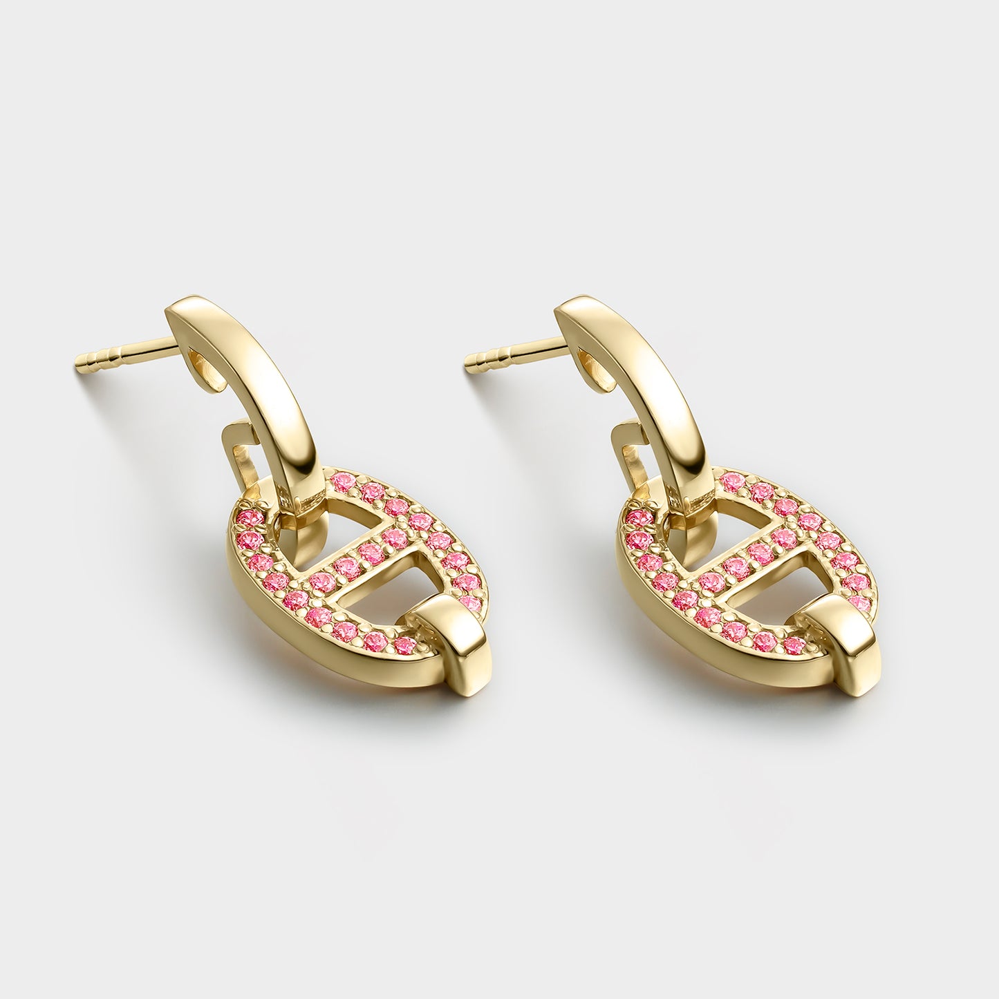 PENDIENTES ORO AMARILLO 18K ESLABONES COLGANTES TOPACIOS ROSAS