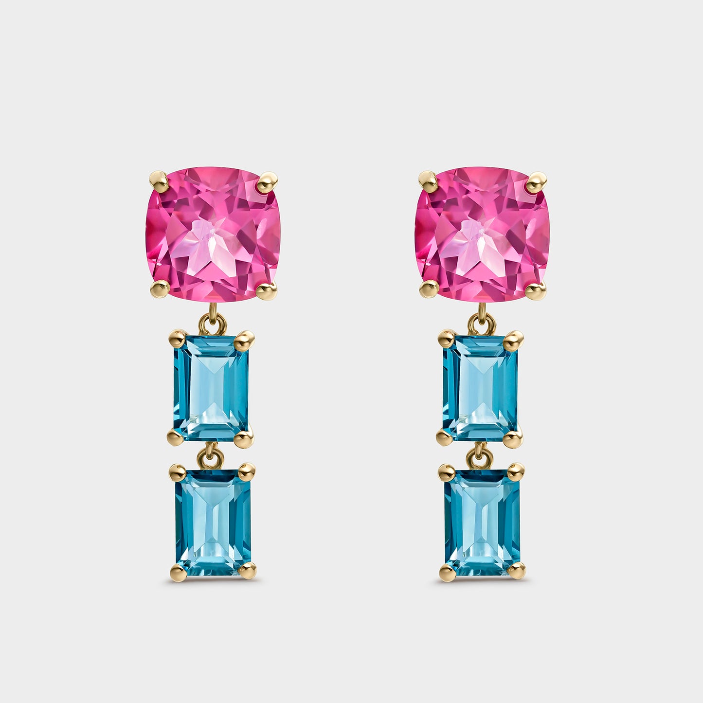 PEDIENTES ORO AMARILLO 18K TOPACIO ROSA CUSHION 9MM Y TOPACIOS LONDON OCTOGONALES