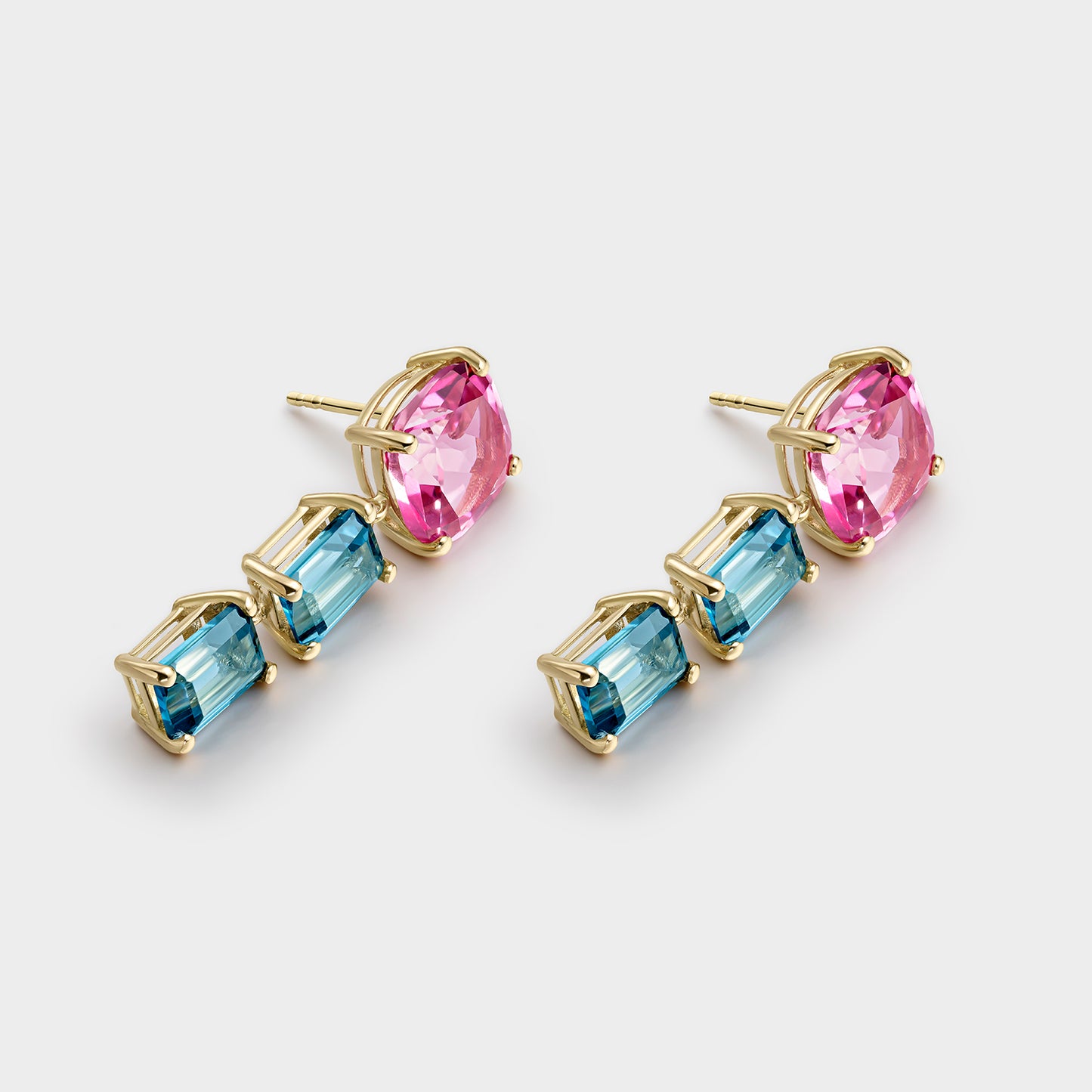 PEDIENTES ORO AMARILLO 18K TOPACIO ROSA CUSHION 9MM Y TOPACIOS LONDON OCTOGONALES