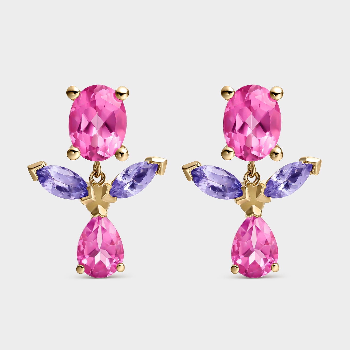 PENDIENTES ORO AMARILLO TOPACIO 18 KTS ROSA Y TANZANITA