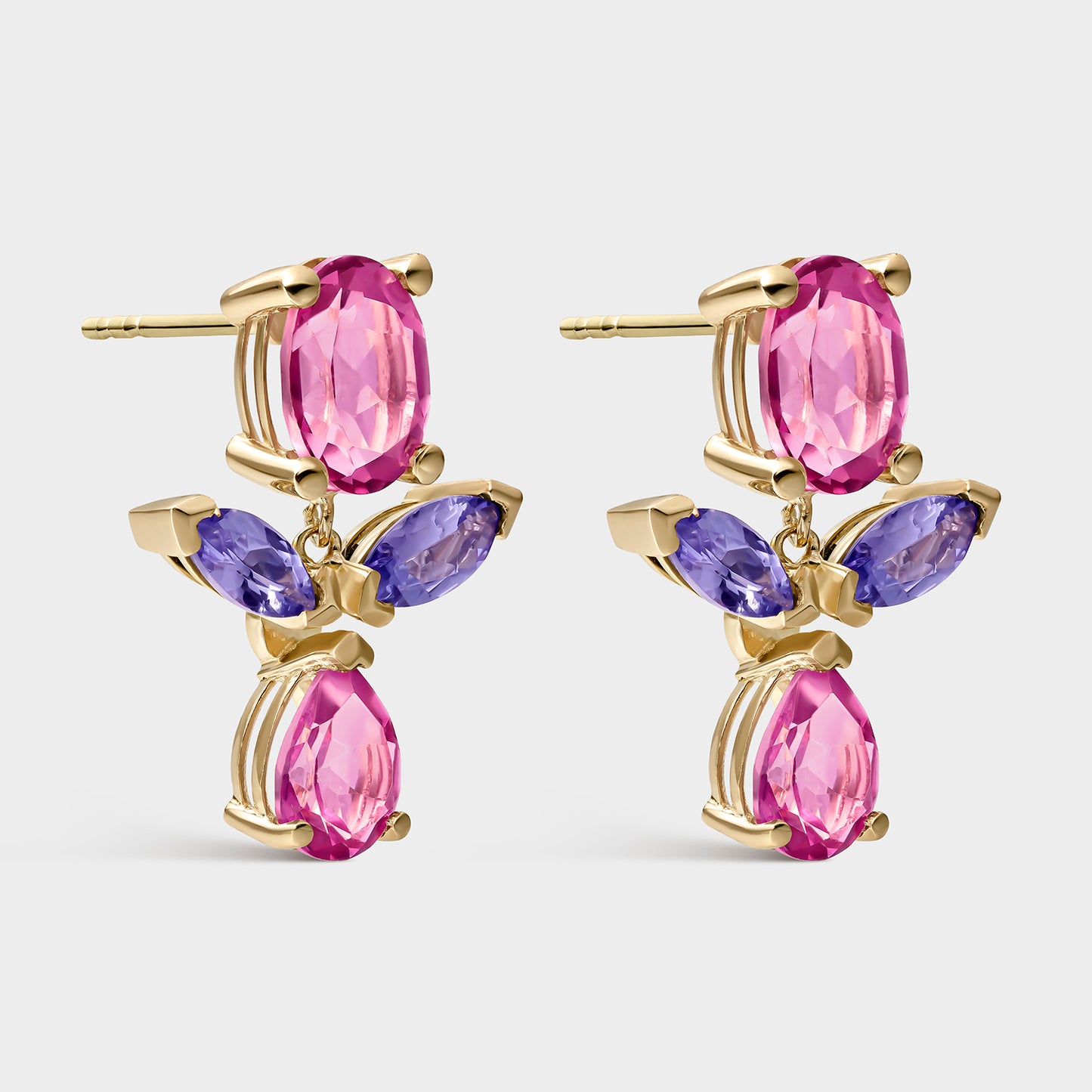 PENDIENTES ORO AMARILLO TOPACIO 18 KTS ROSA Y TANZANITA