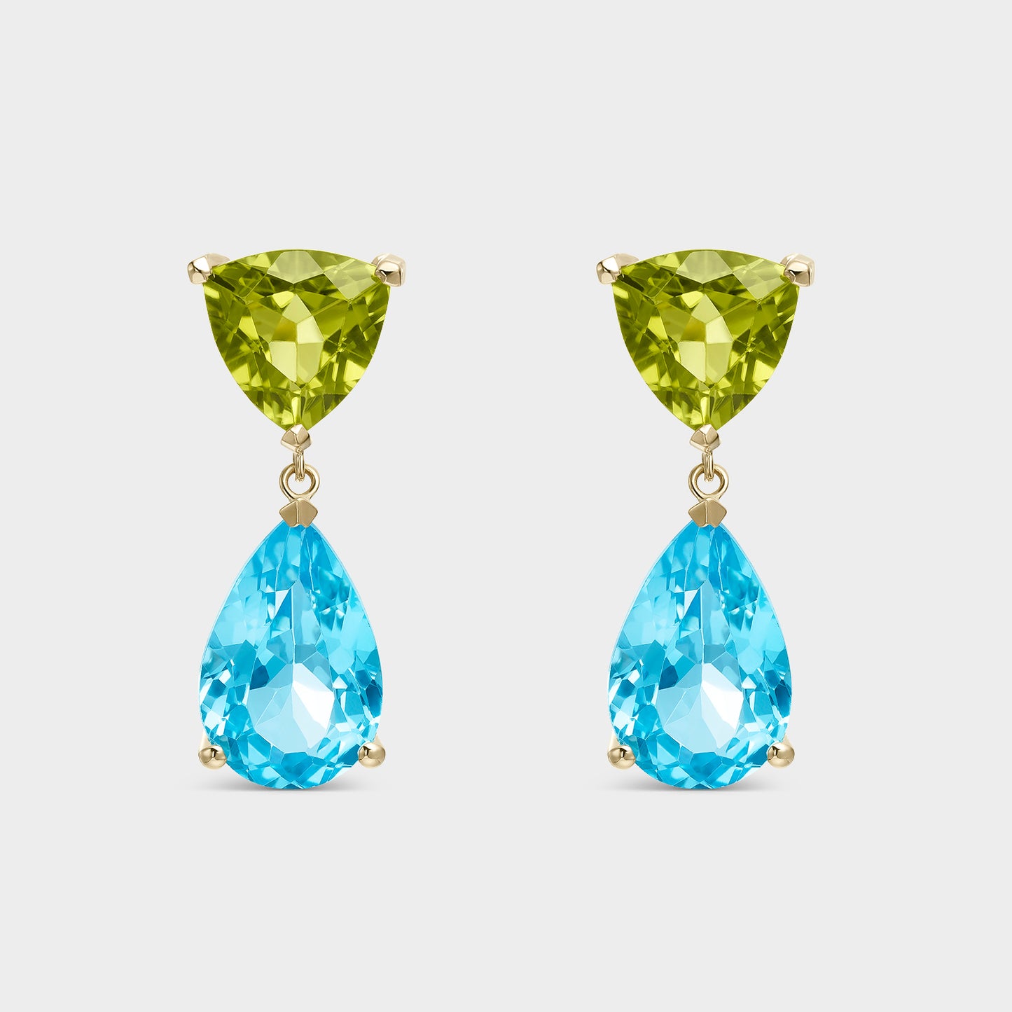 PENDIENTES ORO AMARILLO 18 KTS PERIDOTO TRILLON Y PERAS TOPACIO SWISS