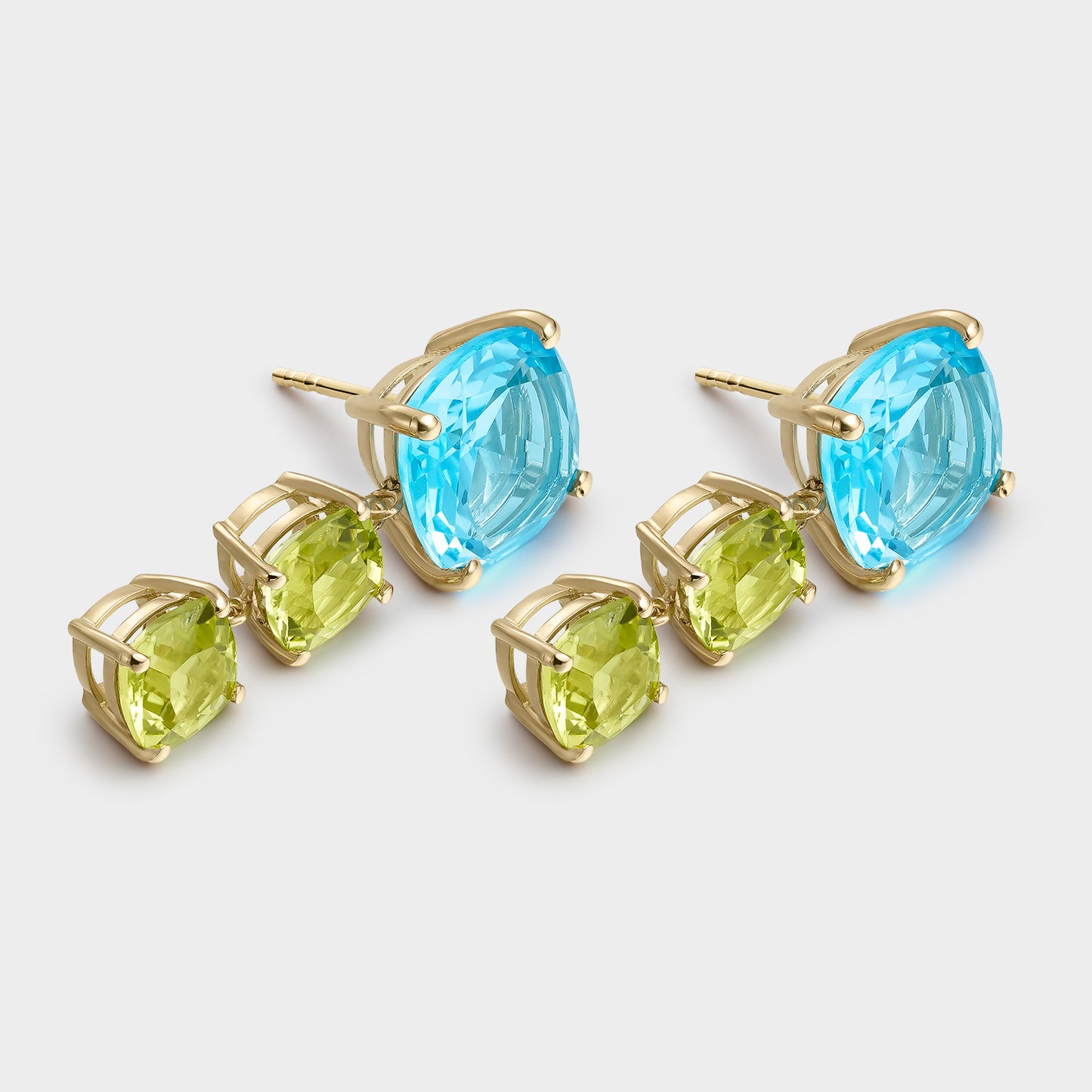 PEDIENTES ORO AMARILLO 18 KTS TOPACIO SWISS Y PERIDOTOS CUSHION