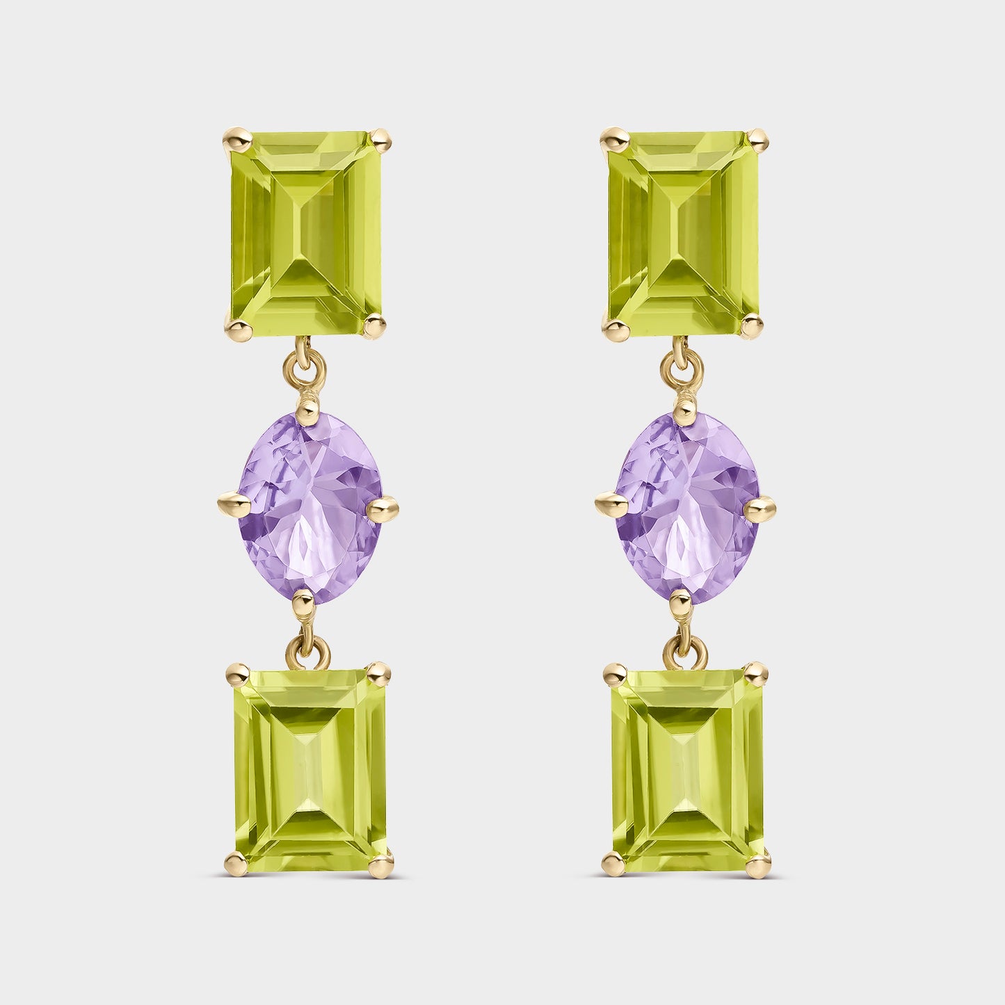 PENDIENTES ORO AMARILLO 18 KTS PERIDOTOS OCTOGON Y TANZANITA OVAL