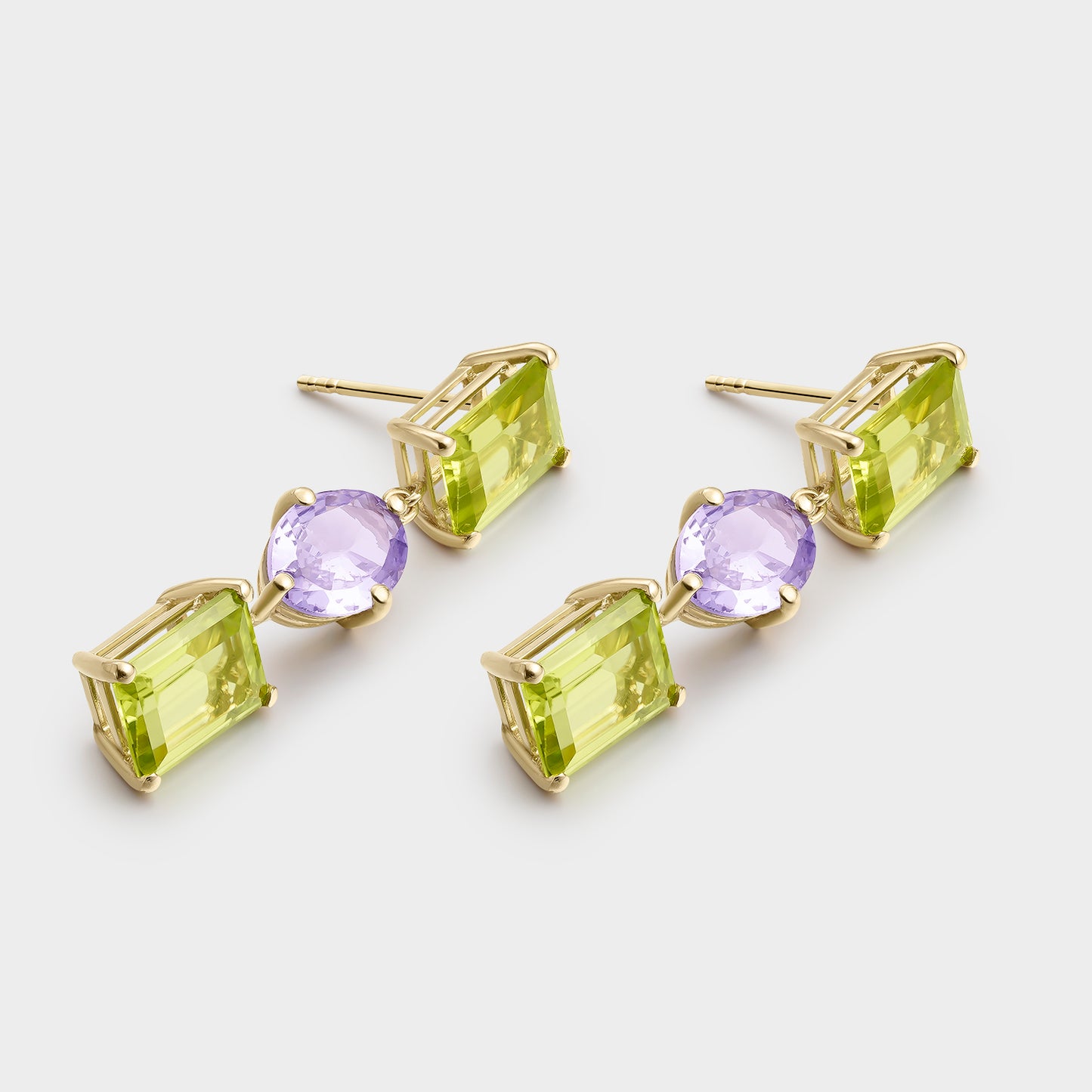 PENDIENTES ORO AMARILLO 18 KTS PERIDOTOS OCTOGON Y TANZANITA OVAL