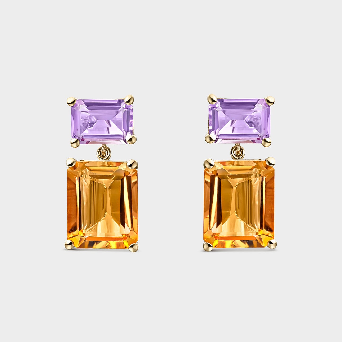 PENDIENTES DE ORO AMARILLO DE 18KTS CON 2 CITRINOS OCTOGONALES DE 10X8MM Y
2 AMATISTAS BAGUETTE DE 7X5MM