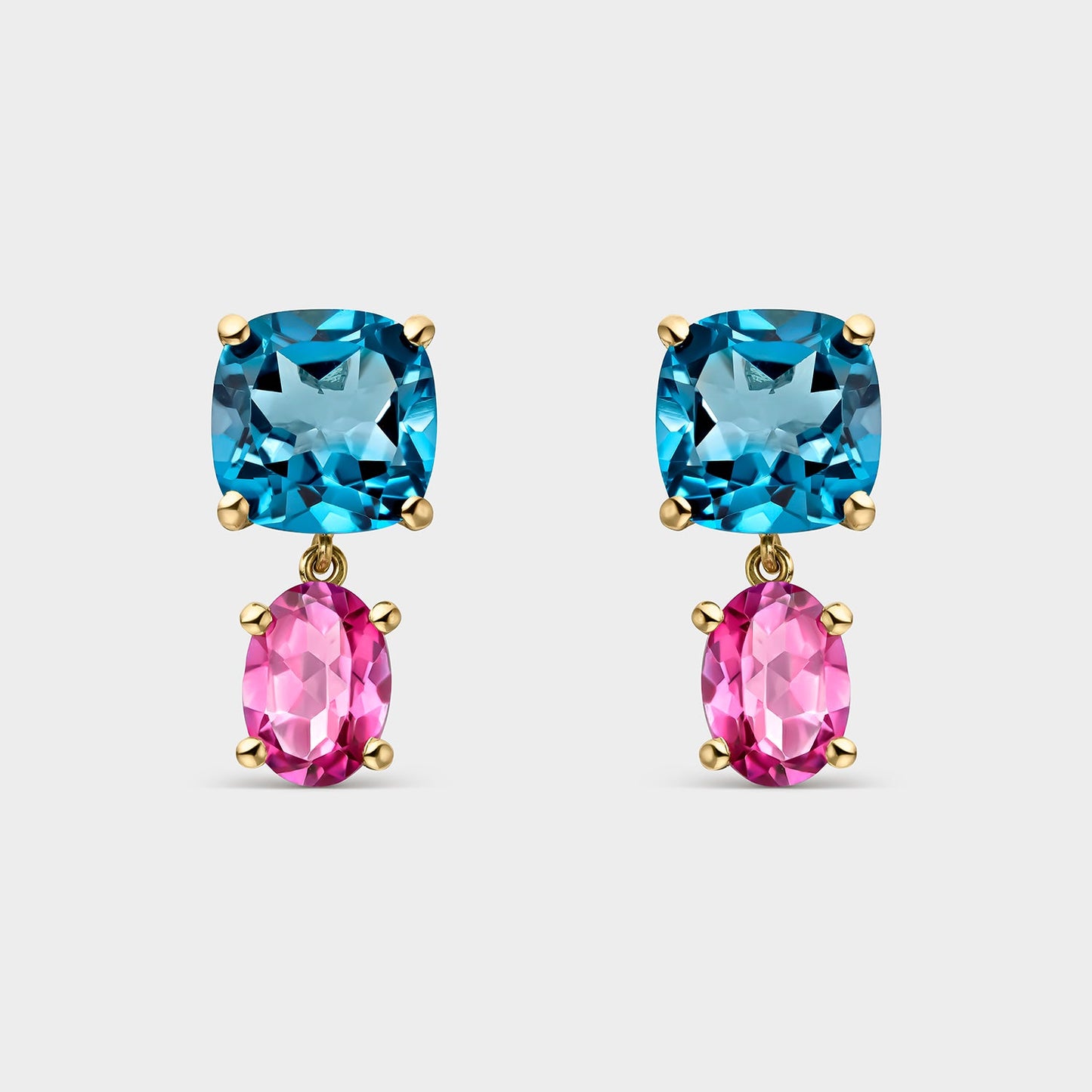 PENDIENTES DE ORO AMARILLO DE 18 KTS CON 2 TOPACIOS LONDON DE 8X8MM Y
2 TOPACIOS ROSAS OVALES DE 7X5MM
