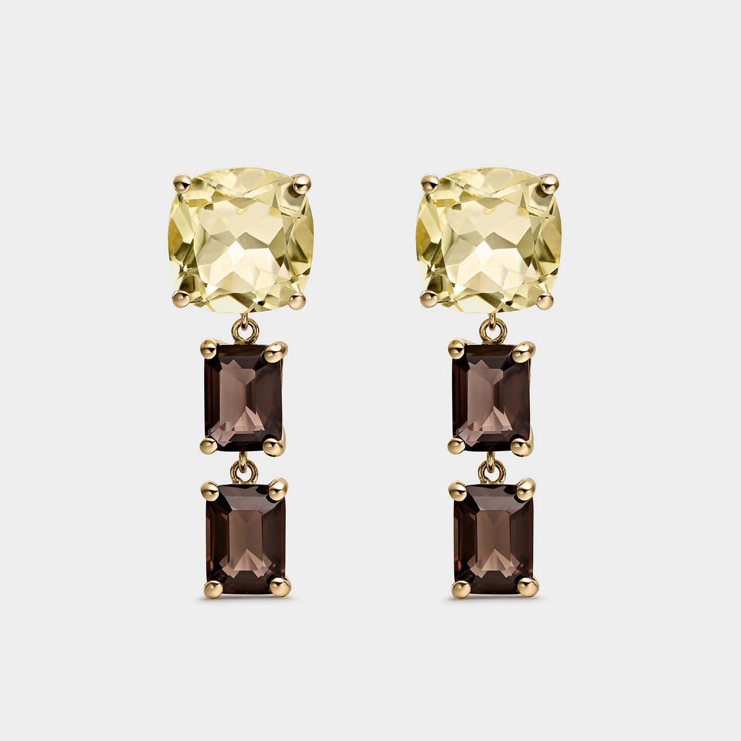 PENDIENTES ORO AMARILLO 18 KTS CUARZO LIMON CUSHION Y CUARZOS FUME OCTOGON