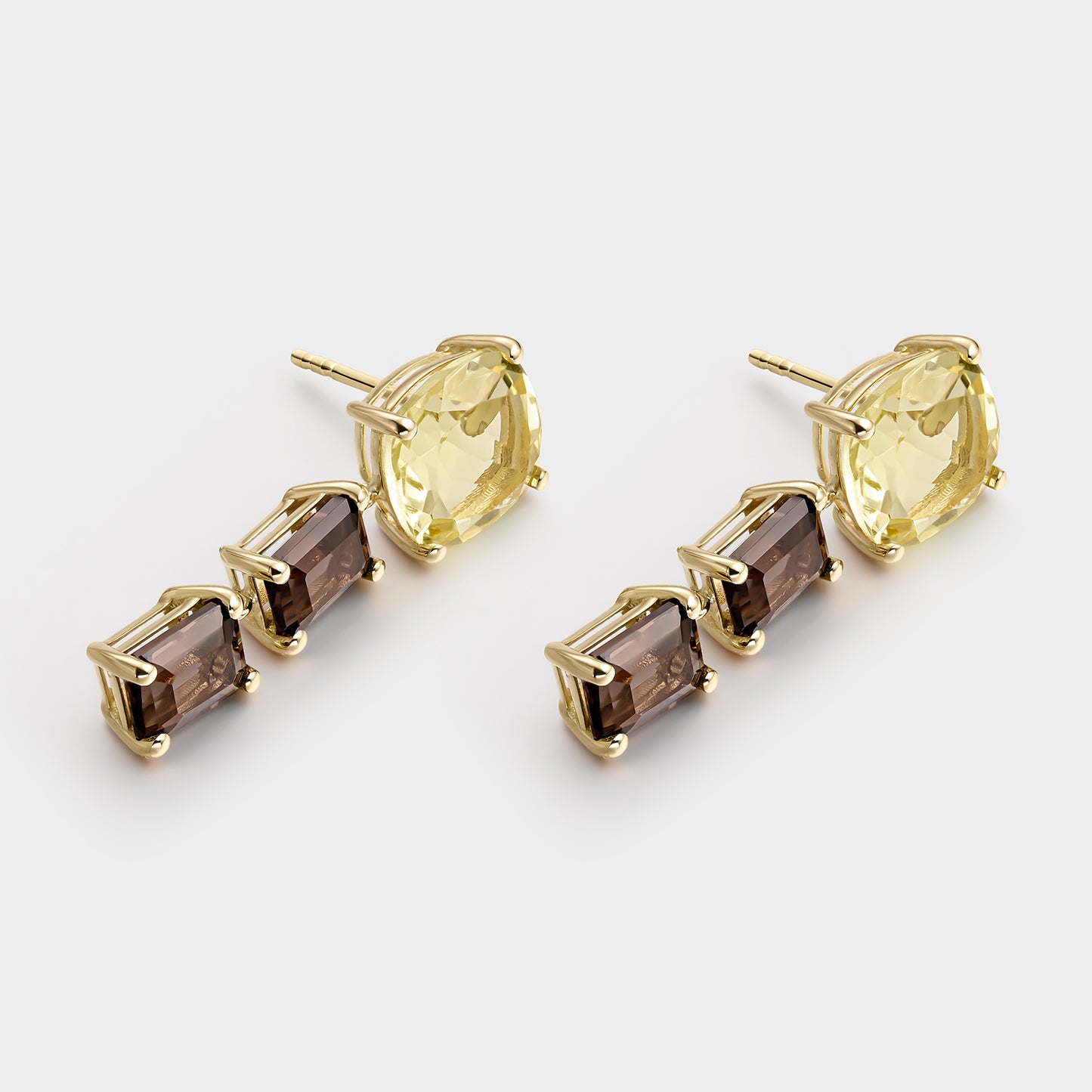 PENDIENTES ORO AMARILLO 18 KTS CUARZO LIMON CUSHION Y CUARZOS FUME OCTOGON