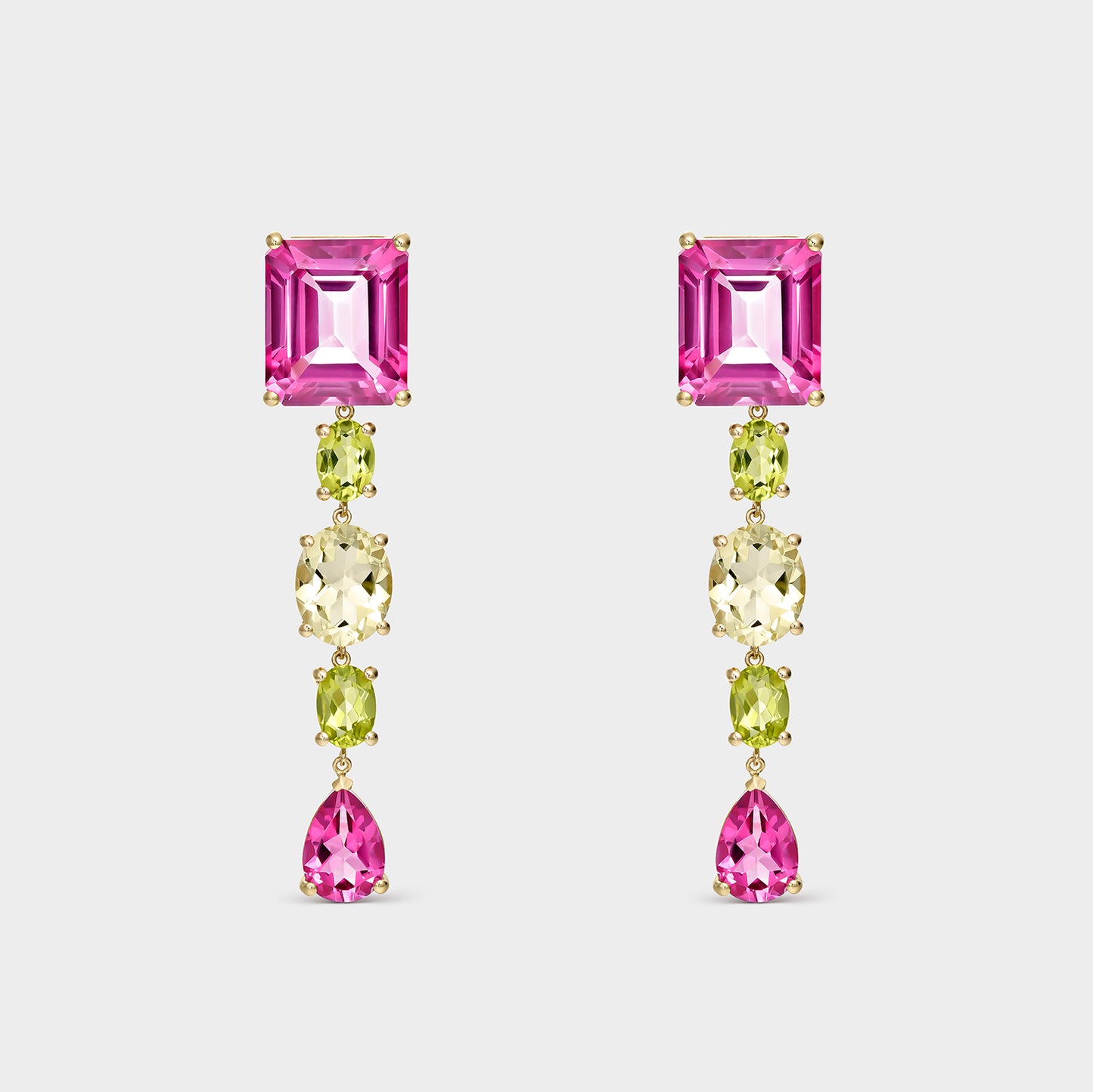 PENDIENTES ORO AMARILLO 18 KTS TOPACIO ROSA, PERIDOTO, CUARZO LIMON Y TOPACIO ROSA
