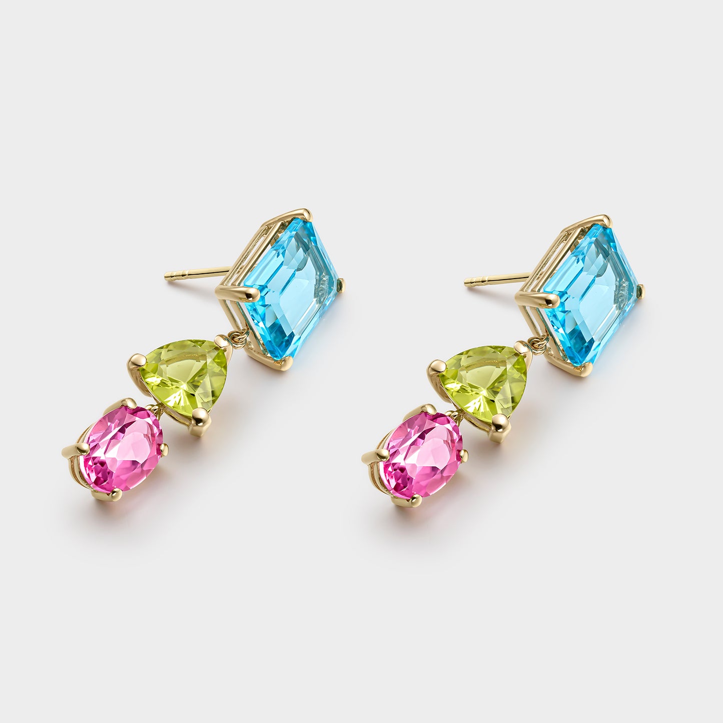 PENDIENTES ORO AMARILLO 18 KTS TOPACIO SWISS, PERIDOTO TRILLON Y TOPACIO ROSA OVAL