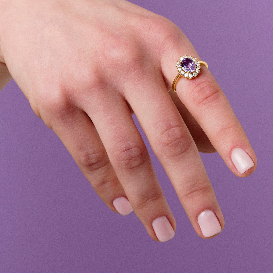 ANILLO ORO AMARILLO 18K AMATISTA OVAL Y CIRCONITAS
