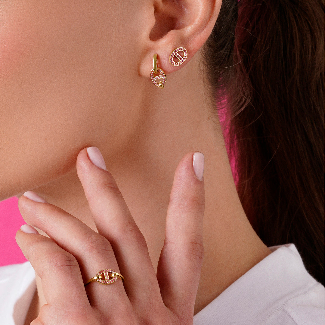 ANILLO ORO AMARILLO 18K ESLABÓN TOPACIOS ROSAS