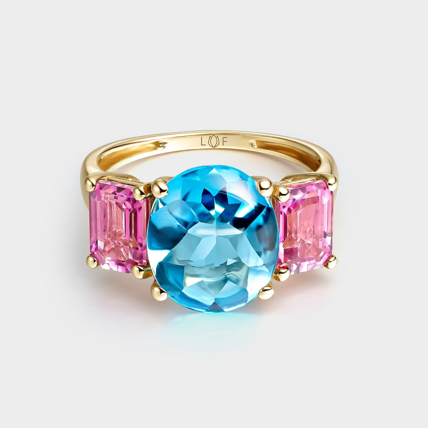 ANILLO ORO AMARILLO 18K COCKTAIL CABUJÓN TOPACIO SWISS Y TOPACIO ROSA BAGUETTE