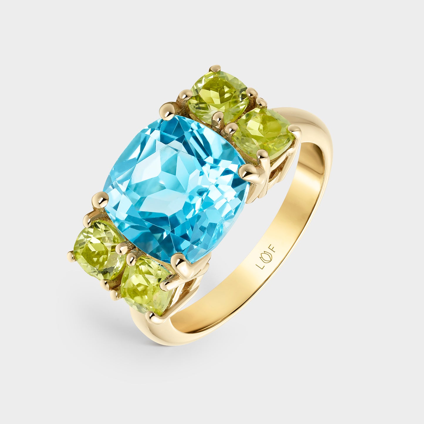 ANILLO ORO AMARILLO 18KTS TOPACIO SWISS CUSHION Y PERIDOTOS CUSHION