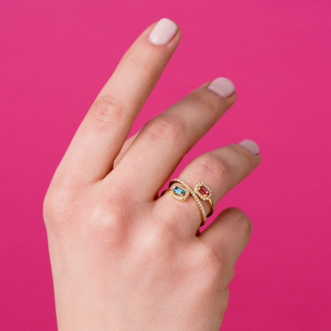 ANILLO ORO AMARILLO 18K DOBLE TOPACIO LONDON Y TOPACIO ROSA