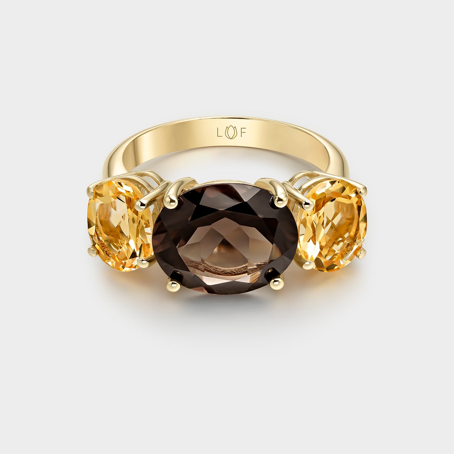 ANILLO ORO AMARILLO 18K CUARZO FUMÉ OVAL Y CITRINO