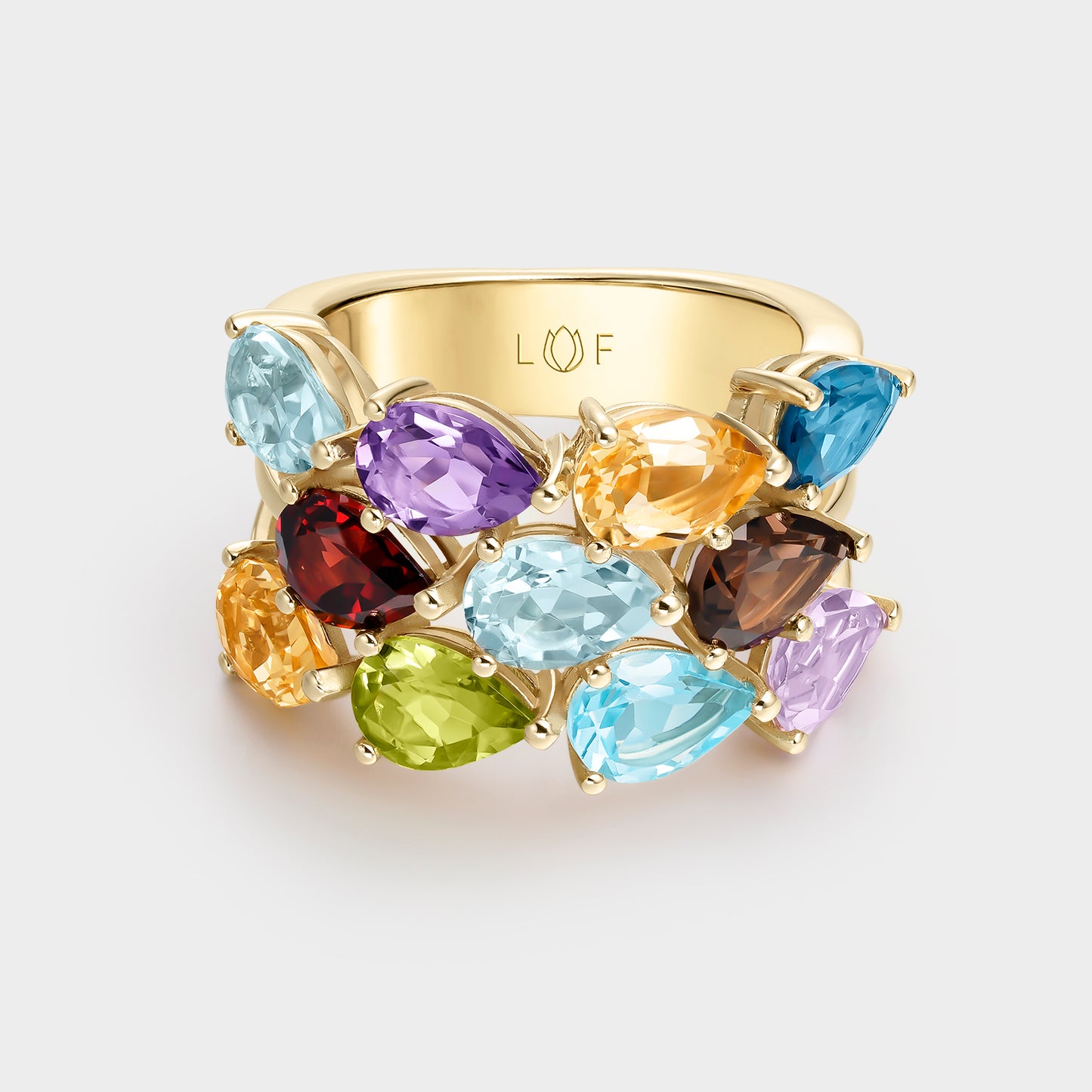 ANILLO ORO AMARILLO 18 KTS AMATISTA VERDE Y ROSA, CITRINO, LONDON, GRANATE, FUME, PERIDOTO Y TOPACIO AZUL