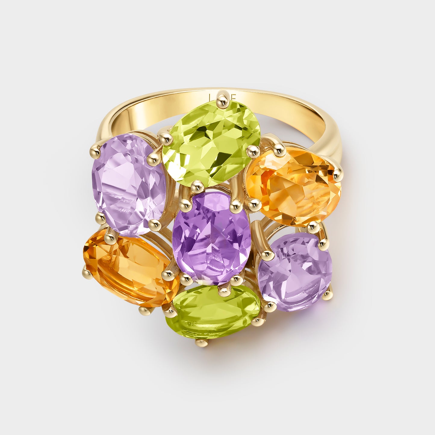 ANILLO ORO AMARILLO 18 KTS CON AMATISTAS, CITRINOS Y CUARZO LIMON