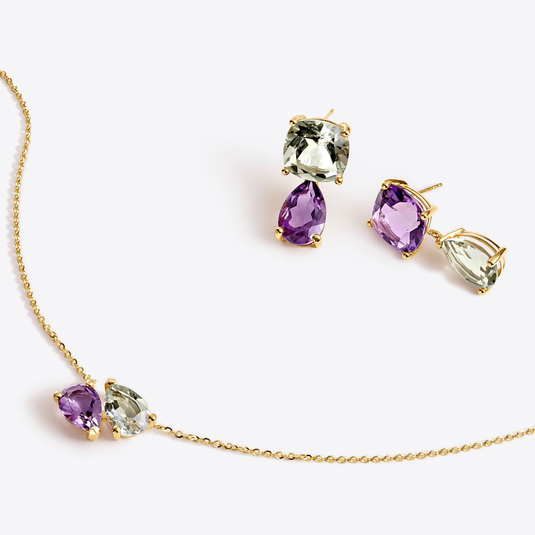 COLLAR ORO AMARILLO 18K AMATISTA VERDE Y AMATISTA MORADA CORTE PERA