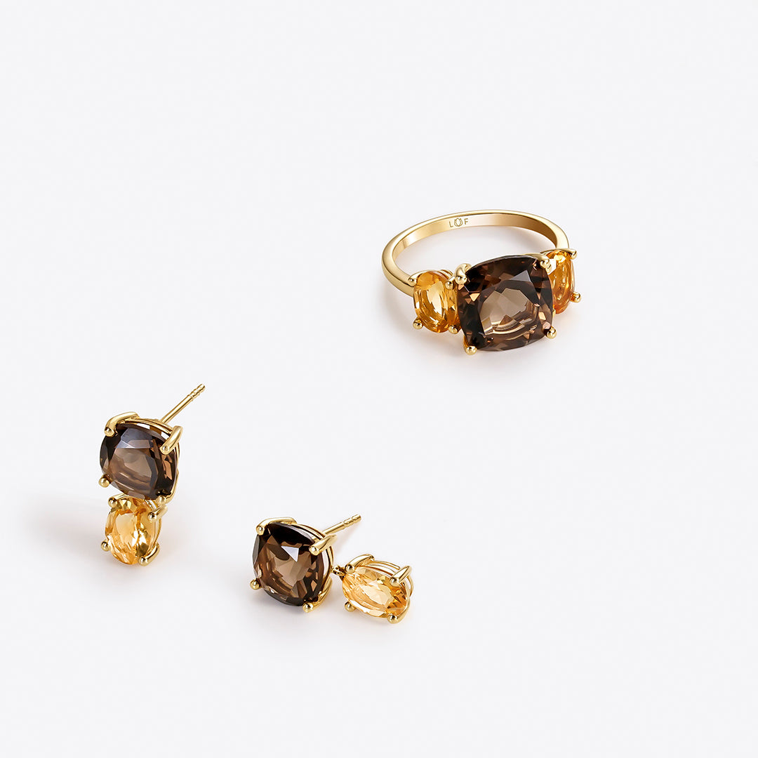 PENDIENTES ORO AMARILLO 18K CUARZOS FUMÉ CUSHION Y CITRINOS OVALES