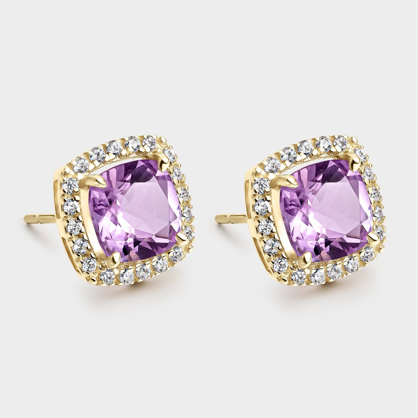 PENDIENTES ORO AMARILLO 18K AMATISTA CUSHION Y CIRCONITAS