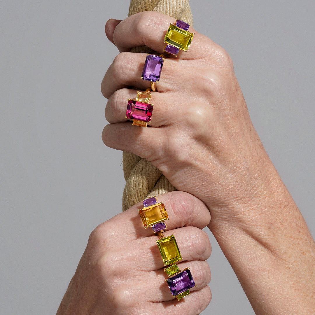 ANILLO ORO AMARILLO 18K CITRINO Y AMATISTAS OCTOGONALES