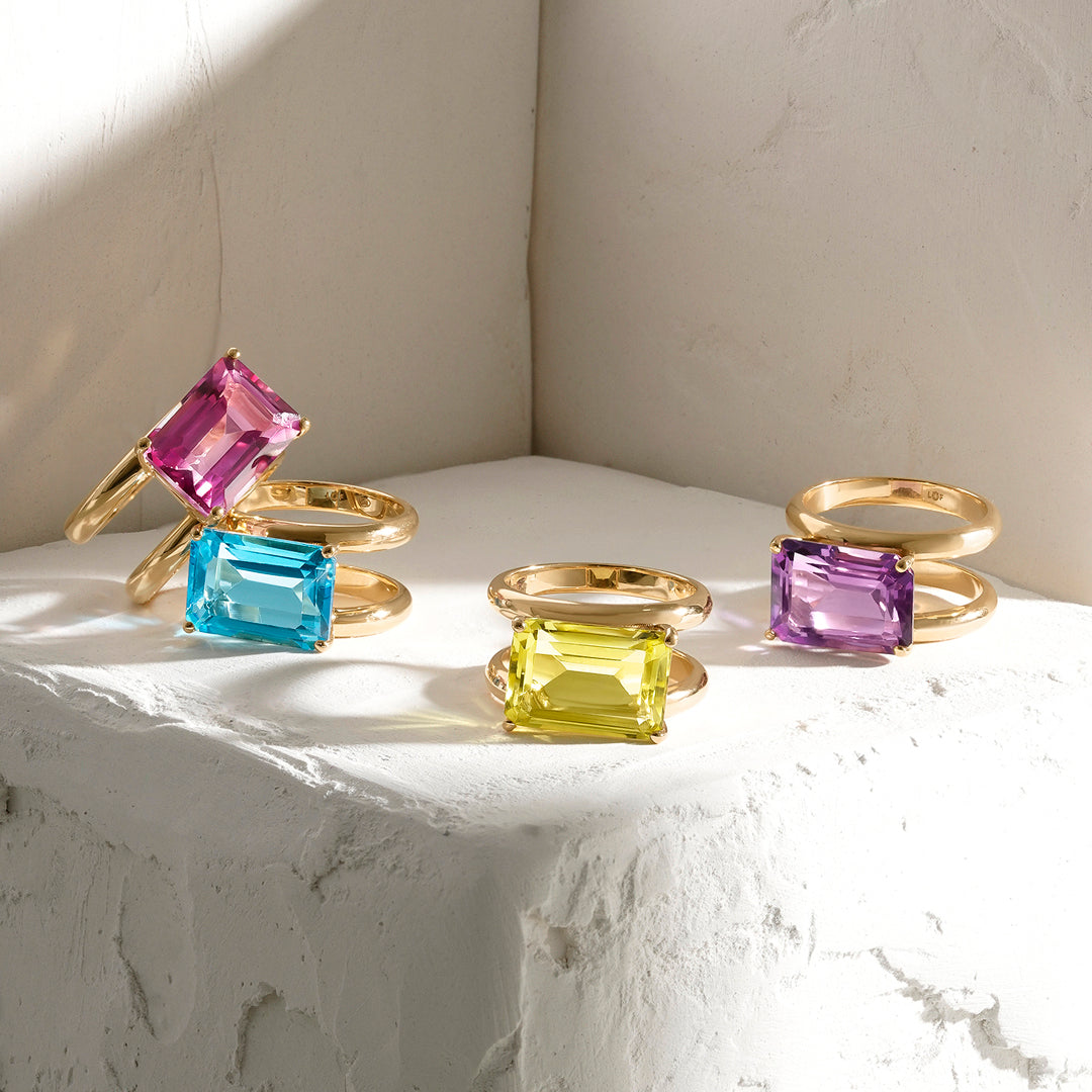 ANILLO ORO AMARILLO 18K DOBLE CUERPO TOPACIO ROSA OCTOGONAL