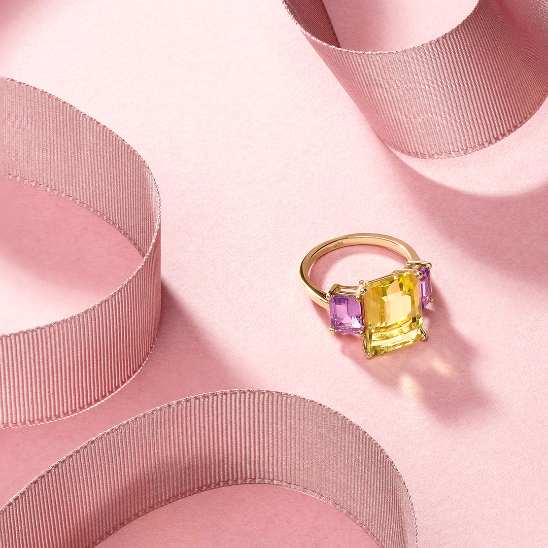 ANILLO ORO AMARILLO 18K CITRINO Y AMATISTAS OCTOGONALES