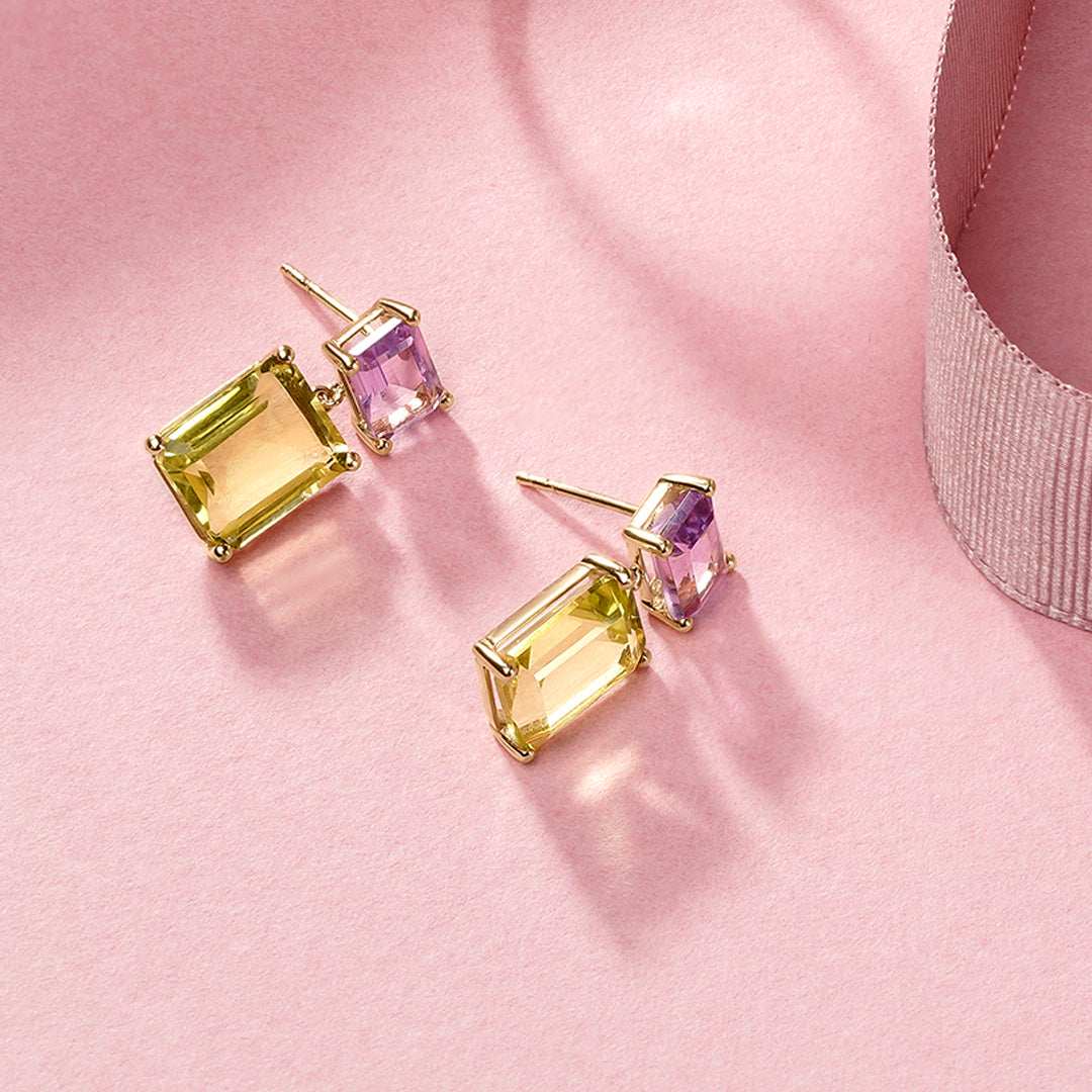 PENDIENTES ORO AMARILLO 18K AMATISTA Y CUARZO LIMON