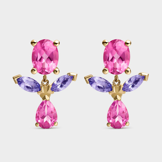 PENDIENTES ORO AMARILLO TOPACIO  18 KTS ROSA Y TANZANITA