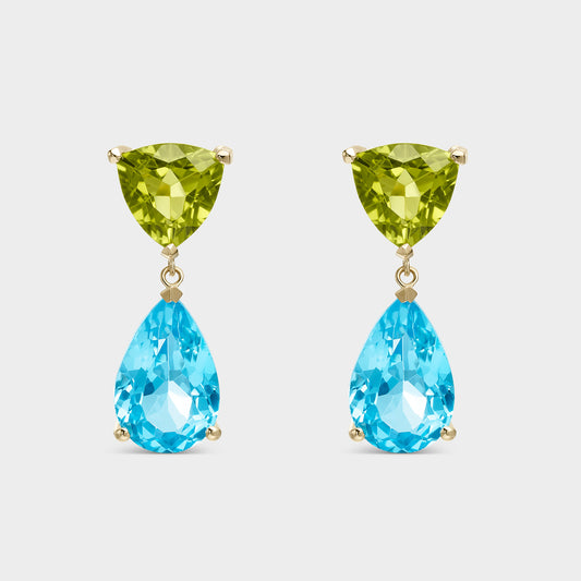 PENDIENTES ORO AMARILLO 18 KTS PERIDOTO TRILLON Y PERAS TOPACIO SWISS