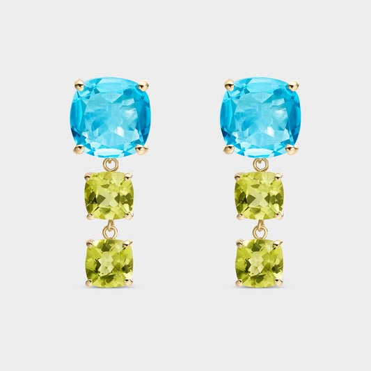 PEDIENTES ORO AMARILLO  18 KTS TOPACIO SWISS Y PERIDOTOS CUSHION