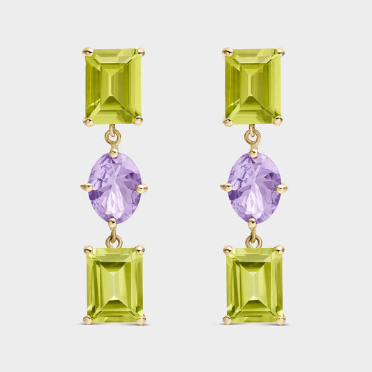 PENDIENTES ORO AMARILLO  18 KTS PERIDOTOS OCTOGON Y TANZANITA OVAL