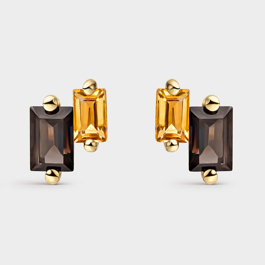 PENDIENTES DE ORO AMARILLO DE 18 KTS CON 2 2 CUARZOS FUMÉ OCTOGONALES DE 6X4MM Y
2 CITRINOS BAGUETTE DE 5X3MM