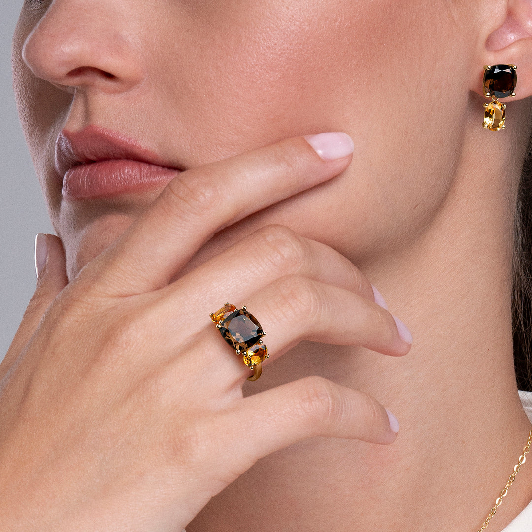ANILLO ORO AMARILLO 18K CUARZO FUMÉ CUSHION Y CITRINOS OVALES