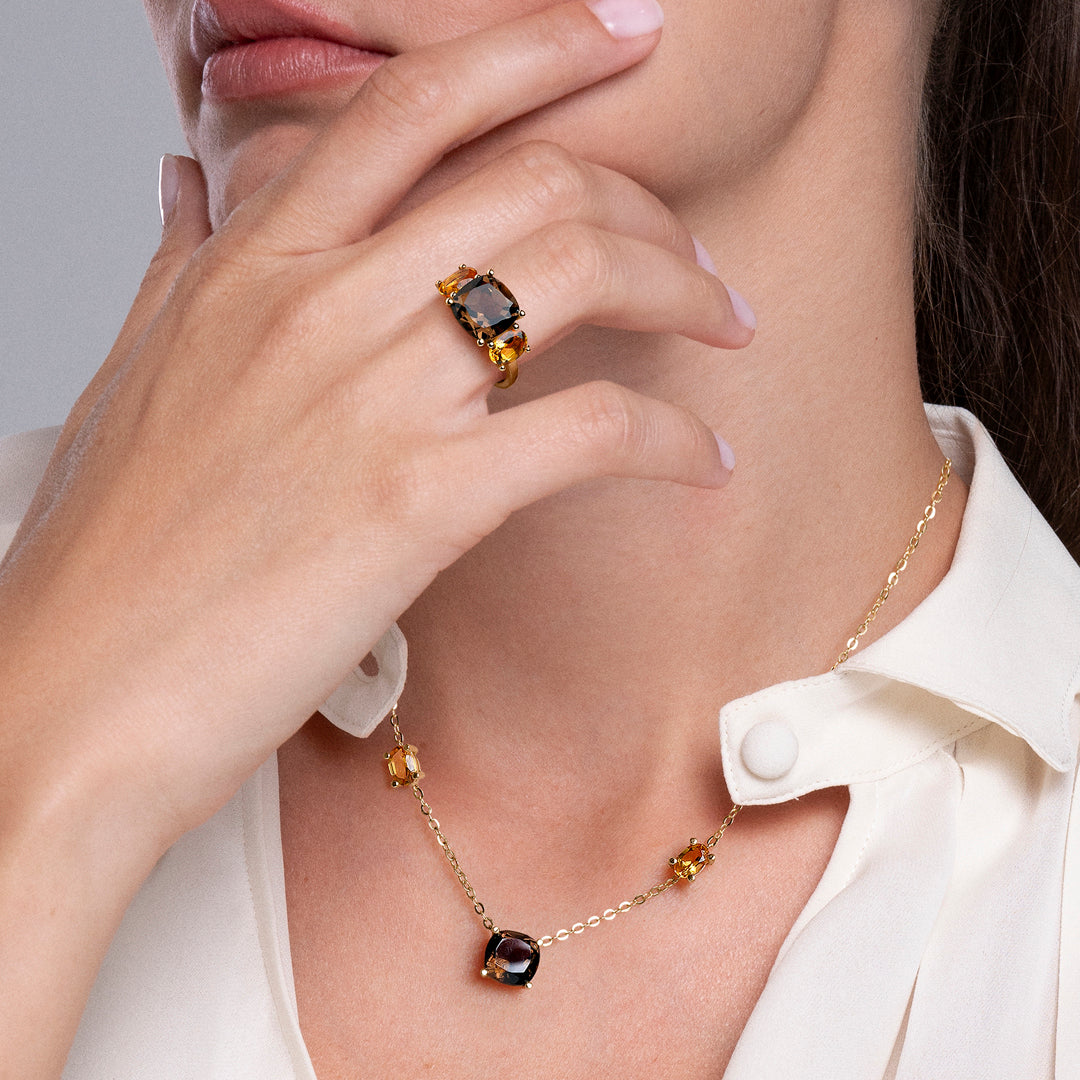 COLLAR ORO AMARILLO 18K CUARZO FUMÉ CUSHION Y CITRINOS OVALES