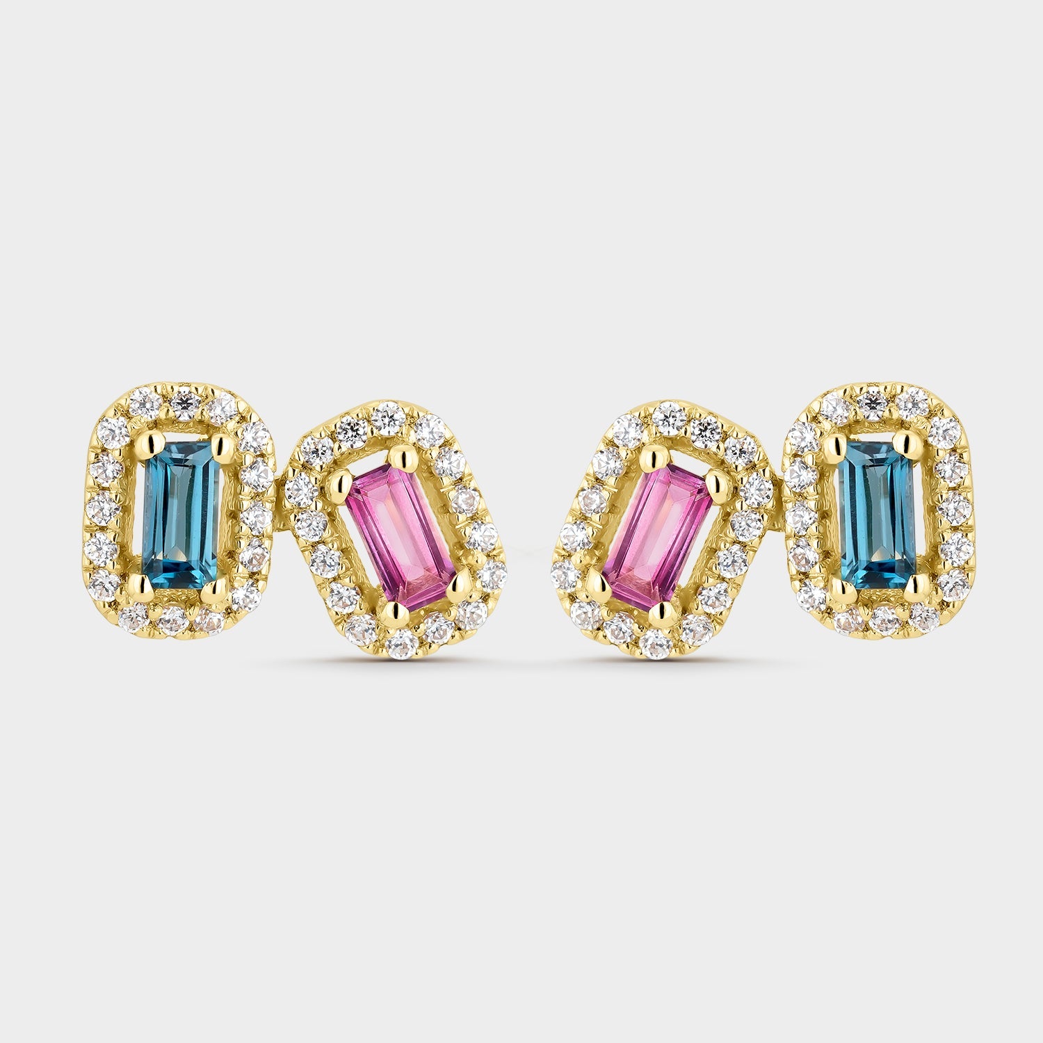 Pendientes Dobles de Oro Amarillo 18k Topacio London y Rosa Barreta