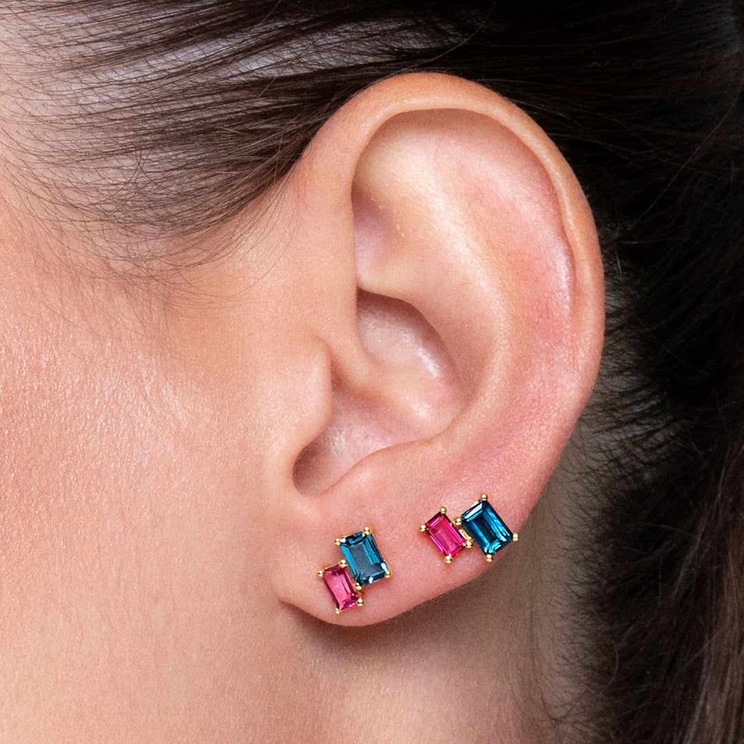 PENDIENTES ORO AMARILLO 18K DOBLE BAGUETTE TOPACIO LONDON Y TOPACIO ROSA
