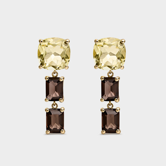 PENDIENTES ORO AMARILLO  18 KTS  CUARZO LIMON  CUSHION Y CUARZOS FUME OCTOGON