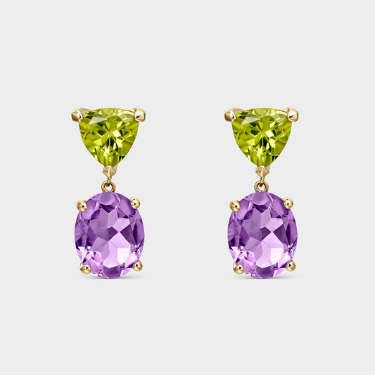 PENDIENTES ORO AMARILLO 18K PERIDOTO TRILLÓN Y AMATISTA PERA