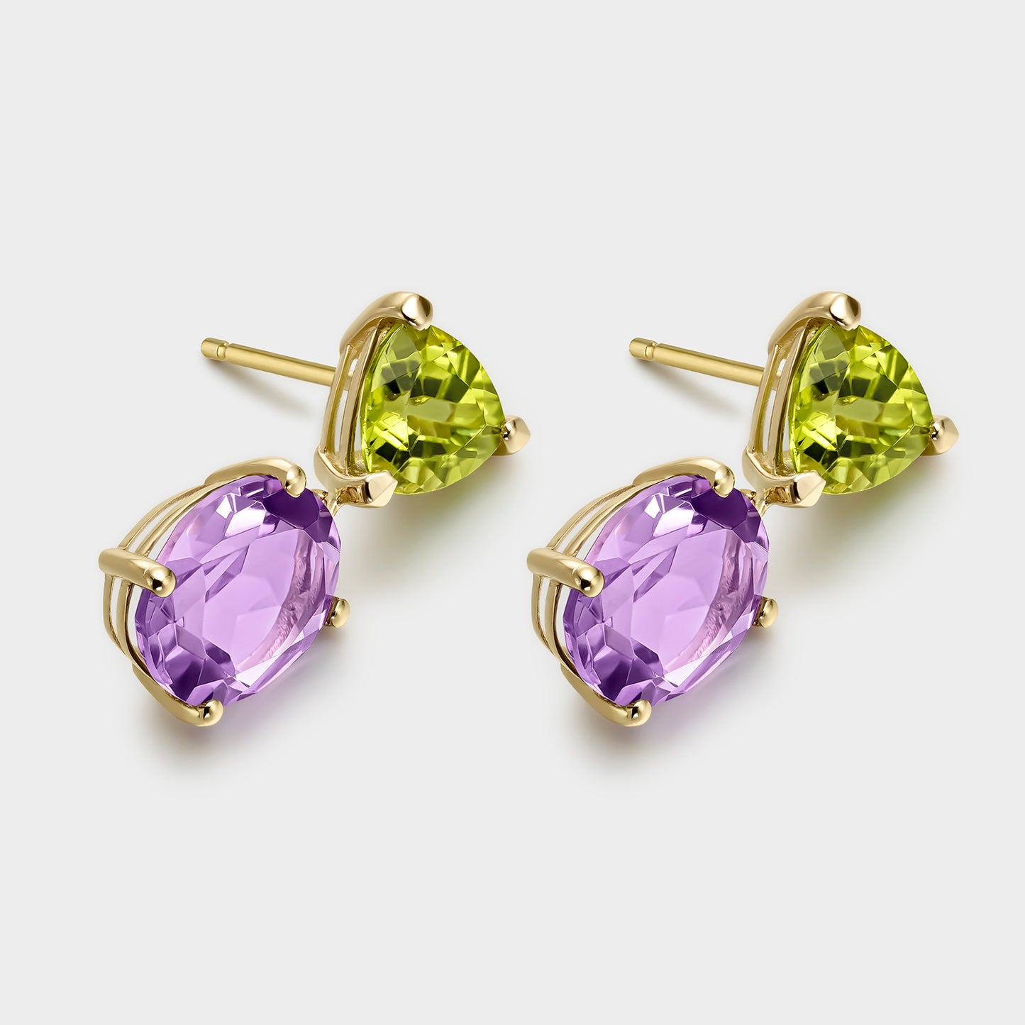 PENDIENTES ORO AMARILLO 18K PERIDOTO TRILLÓN Y AMATISTA PERA