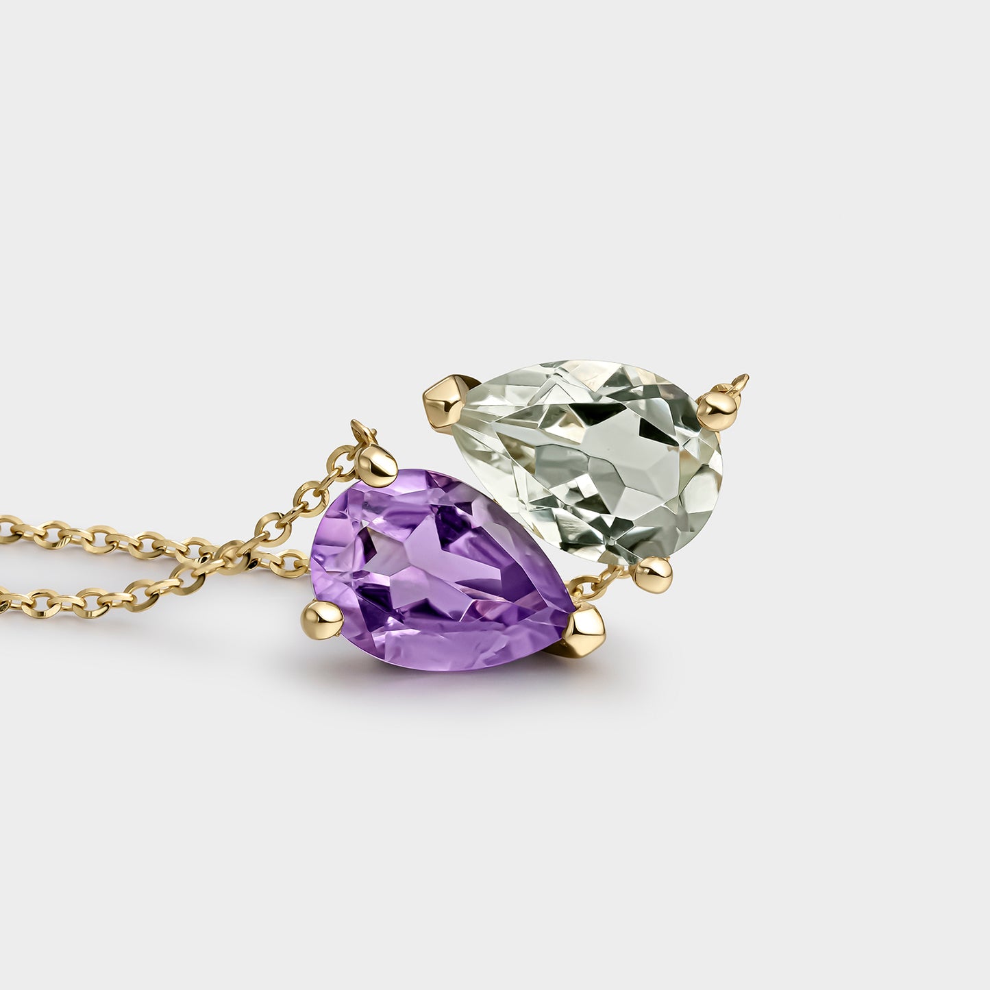 COLLAR DE ORO AMARILLO DE 18K AMATISTA MORADA Y AMATISTA VERDE PERA
