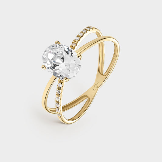 ANILLO ORO AMARILLO 18K DOBLE HILERA TOPACIO BLANCO FINO Y CIRCONITAS